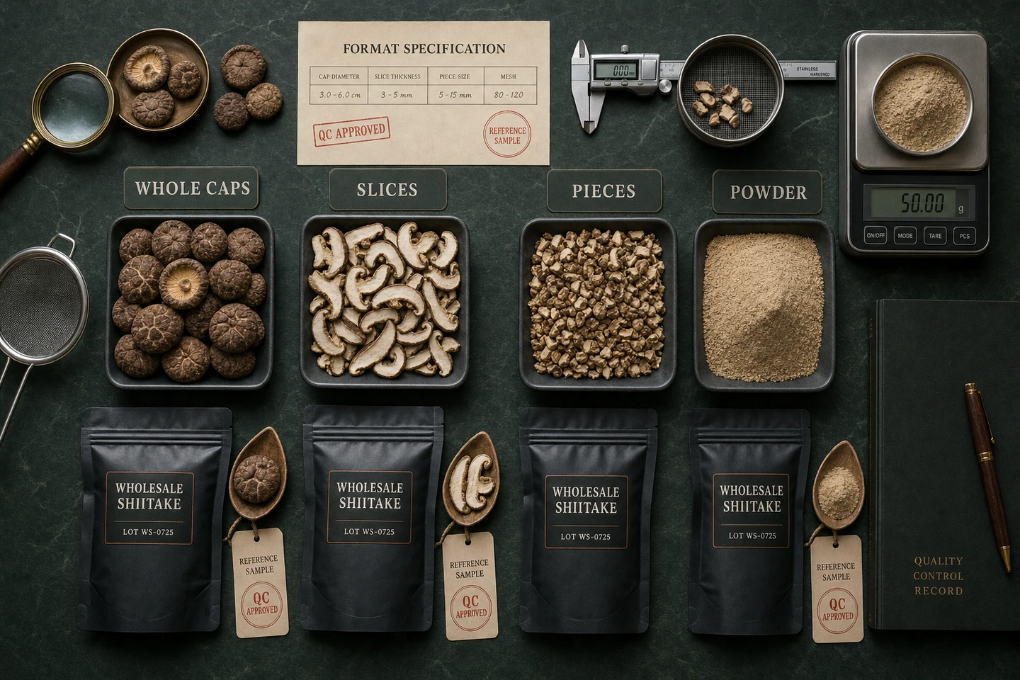 Shiitake Whole Caps, Slices, Pieces and Powder: a Wholesale Comparison - professional Shiitake wholesale visual