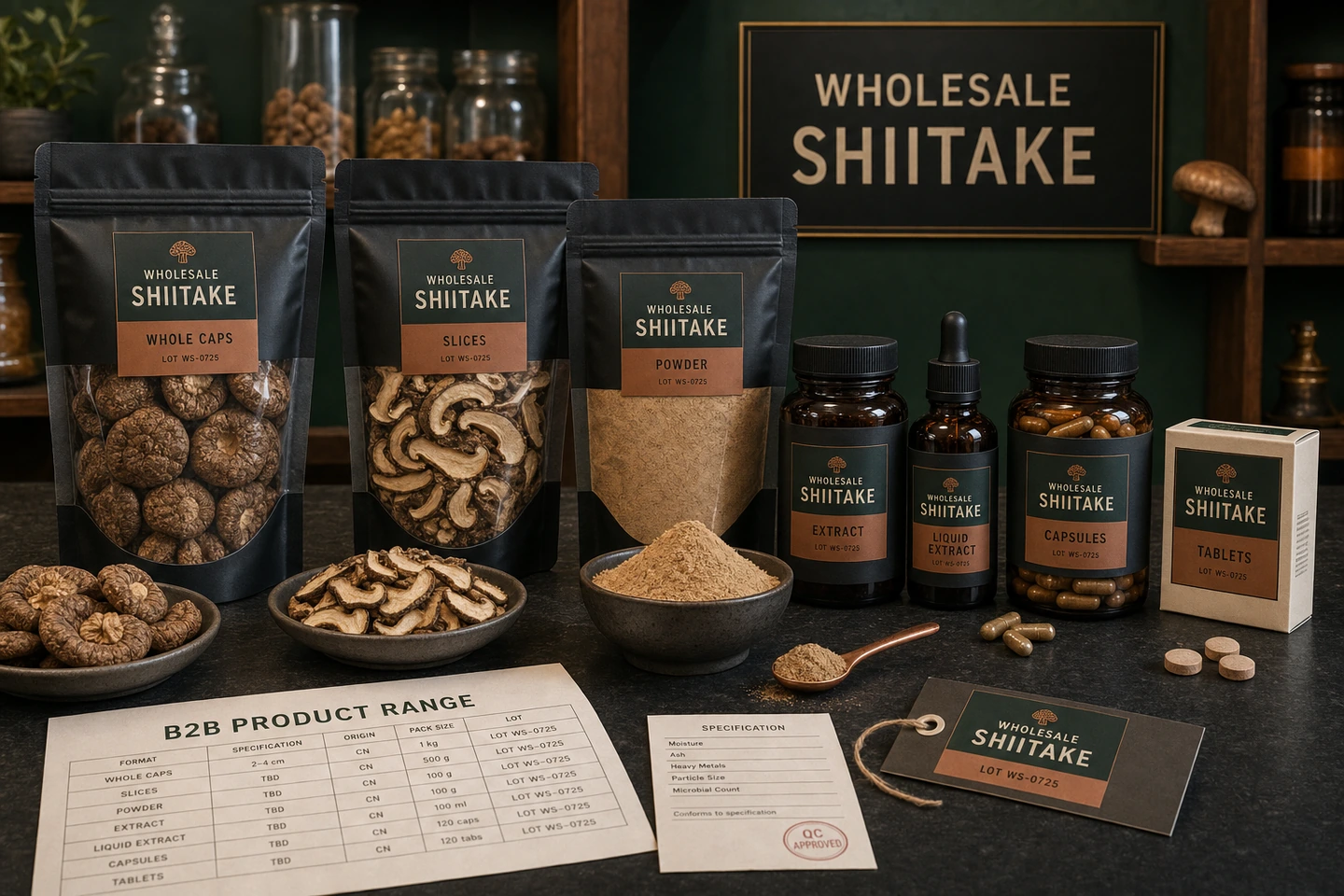 Whole Caps, Powder, Extract and Capsules Across a Shiitake Range - professional Shiitake wholesale visual